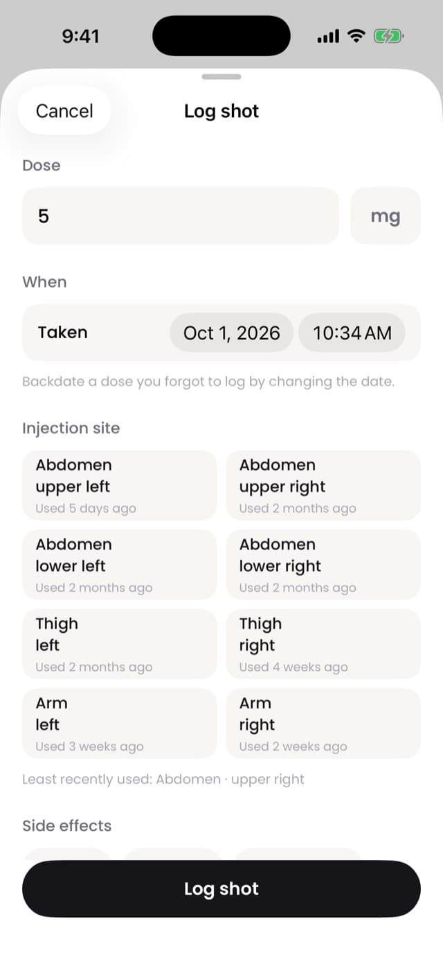 Logging a shot with dose, time and injection site